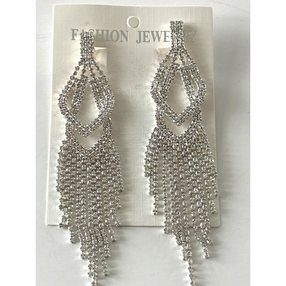 Silver Rhinestone Clip On Earrings Geometric Fringe Tassel Statement Chandelier